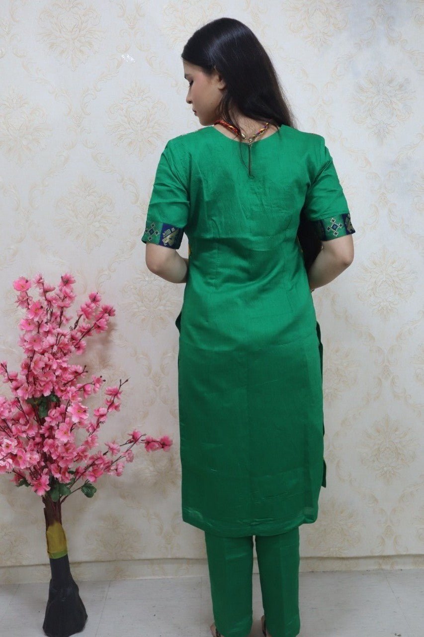 Women Bottle Green Woven Design Brocade Kurta with Trouser Dupatta–  Inddus.in